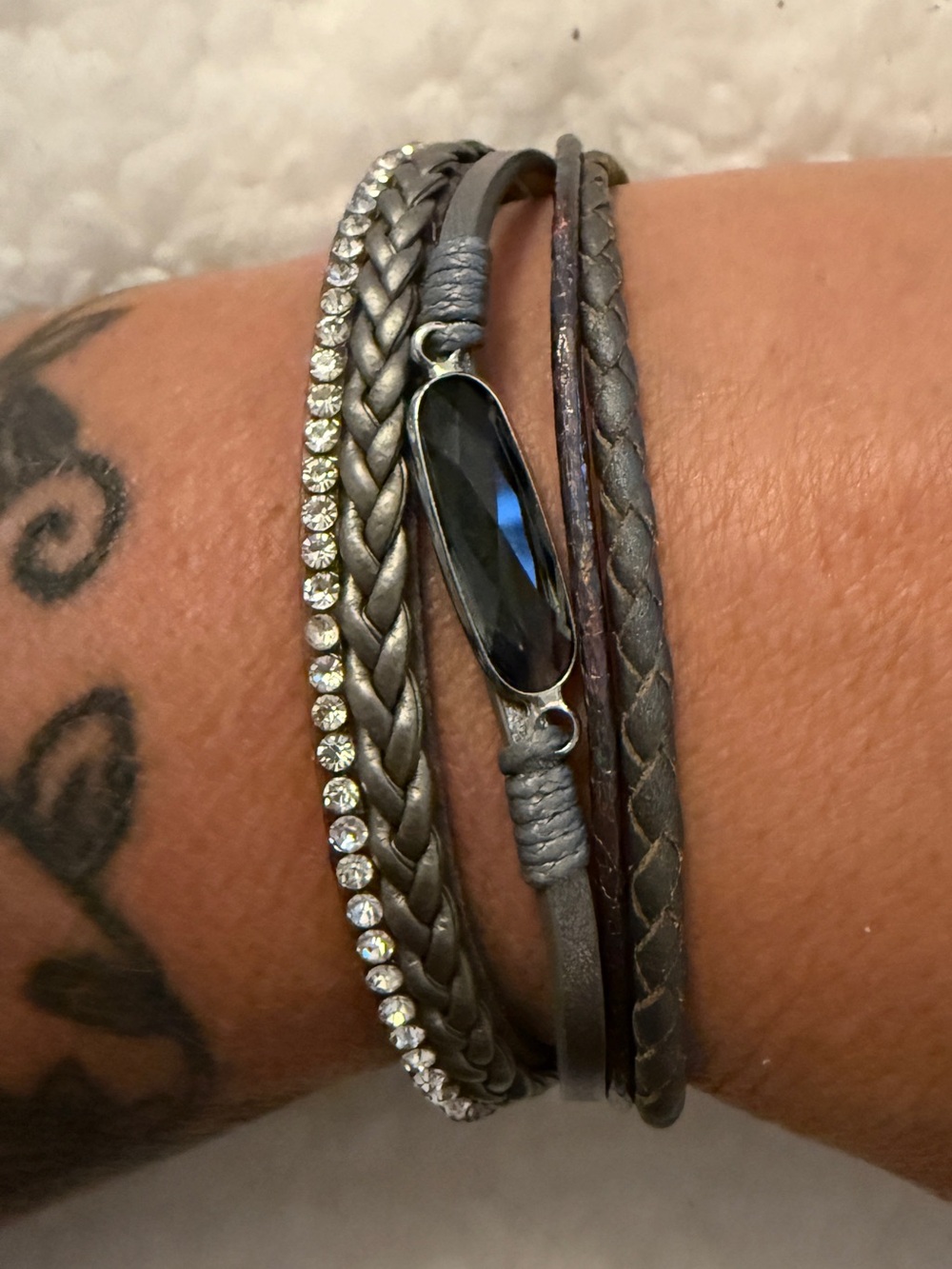 Buckle Gray Multi-Strand Crystal & Braided Wrap Bracelet